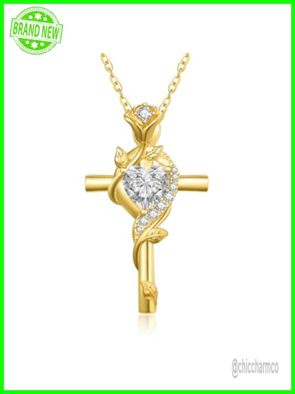 14K Gold Cross Necklace April Birthstone Pendant Adjustable 18+2" Chain